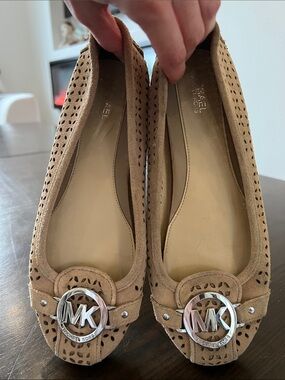 Michael Kors Beige Suede Perforated Ballet Flats with Silver MK Emblem